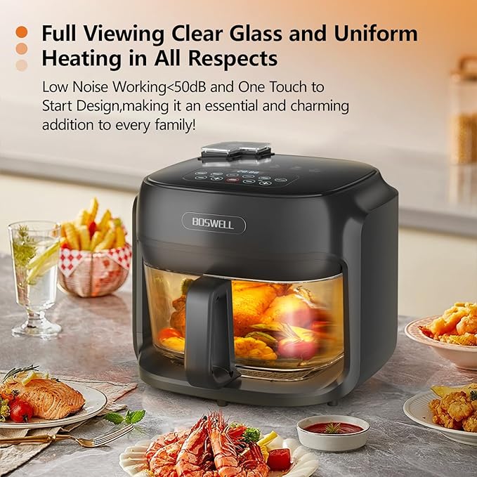 BOSWELL Glass Air Fryer, 7.5QT Borosilicate Bowl with Circulating Heat, Digital Touchscreen, 400°F Max Temp, Oil-Free Fryer with Mist Function, Dishwasher Safe (Black)