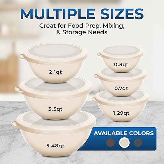 12 Piece Plastic Nesting Bowls with Lids - Mixing Bowls Set includes 6 Prep Bowls and 6 Lids, BPA-Free, Reusable Meal Prep Containers, Microwave, Freezer & Dishwasher Safe, White Cream