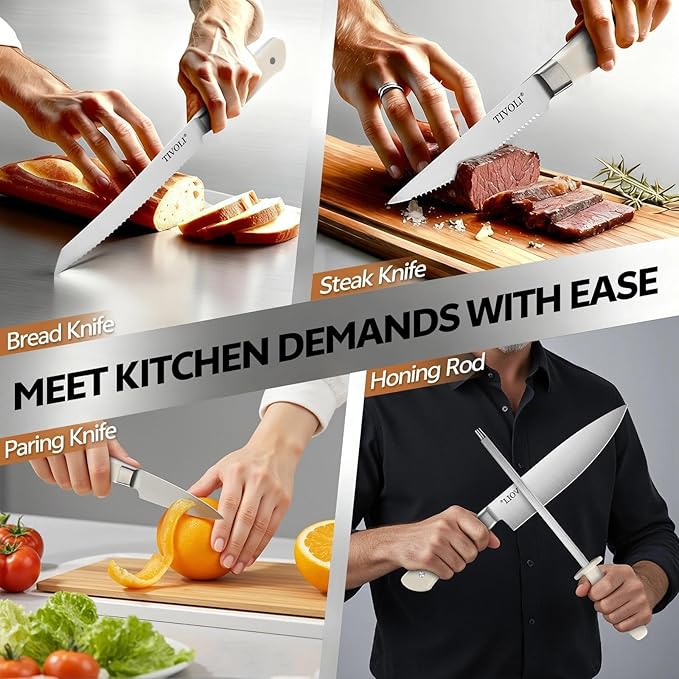 TIVOLI Knife Block Set, 15 PCS Kitchen Knife Set with Block & Sharpener Steel & Kitchen Scissor, High Carbon Stainless Steel Cutlery Knife Set, Ergonomic Wood Handle, Gifts For Cooks, Cream White