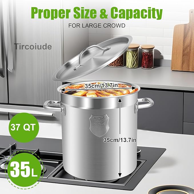 37qt Commercial Grade Large Stock Pot, Heavy-Duty Stainless Steel Tall Cooking Pot, Soup Pot with Lid for Restaurant Kitchens Big Pots 35L