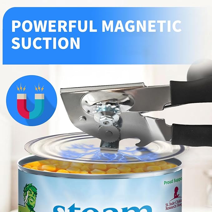 Crank Can Opener Manual，Heavy Duty for Seniors with Ergonomic Soft Grip Handles and Magnetic Lid Lifter for Large Cans,Stainless Steel, Black