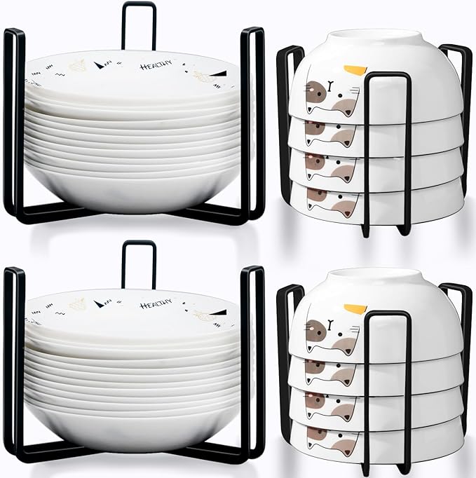 Dinnerware Bowl Plate Holder Fit for 6.5 Inches Diameters Bowl, Metal Bowl Storage Dying Display Rack for Kitchen Drawer, Countertop, Cabinet, Shelf, Cupboard (Black, Small 2PCS+Large 2PCS)