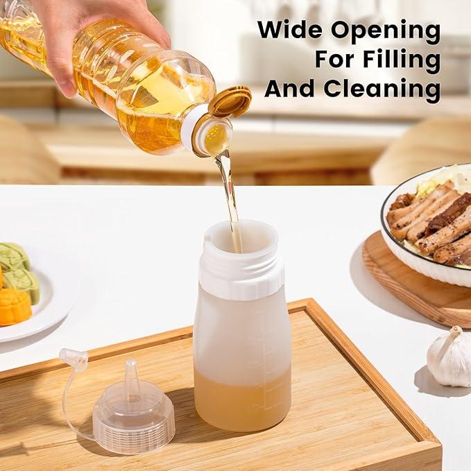 Condiment Squeeze Bottles, 12 oz Silicone Squeeze Bottles For Sauces, Leak Proof Condiment Containers with Extra Interchangeable lid, Easy Squeeze for Oil, Honey & Dressings, BPA FREE (4 Pack)