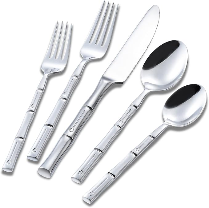 Silverware Set Silver Bamboo Handle Flatware Stainless Steel Heavy Cutlery Set 20 Pieces Mirror Polished Spoons Forks and Knives Service for 4