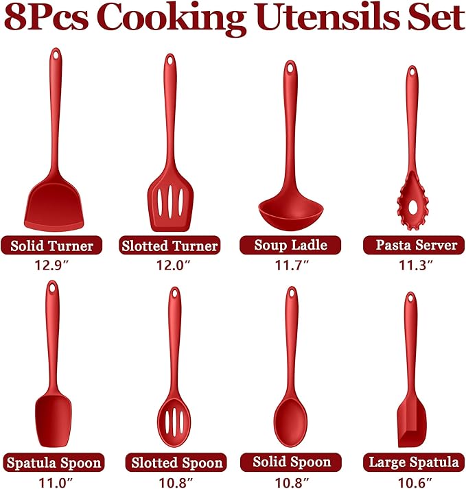 LIANYU 8-Piece Kitchen Utensils Set, Silicone Cooking Utensil Spatula Sets, Heat Resistant Cooking Gadgets Tools Set for Non-stick Cookware, Dishwasher Safe, Red