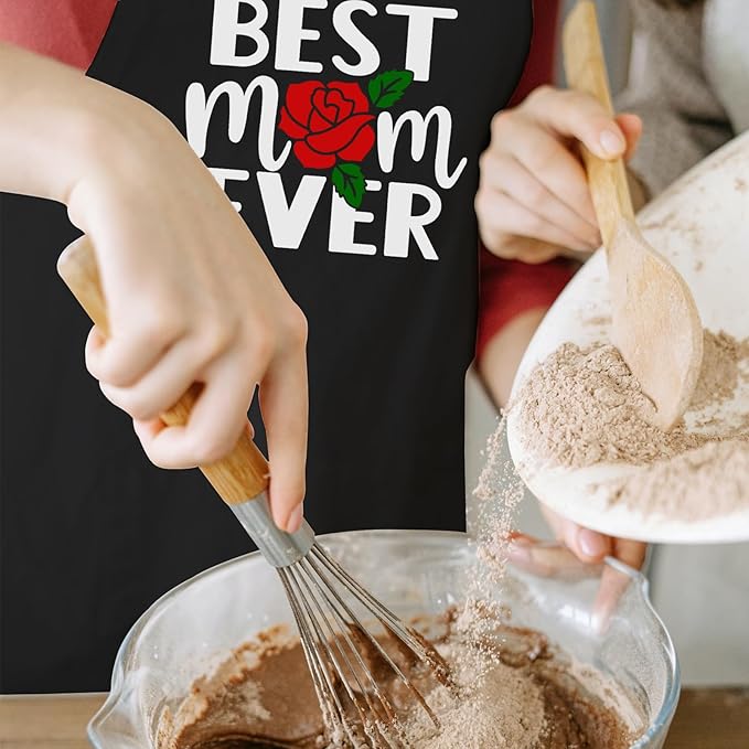 Cooking Aprons for Women with Pockets, Best Mom Ever Apron for Baking Kitchen Chef, Birthday Gifts for Mom Wife