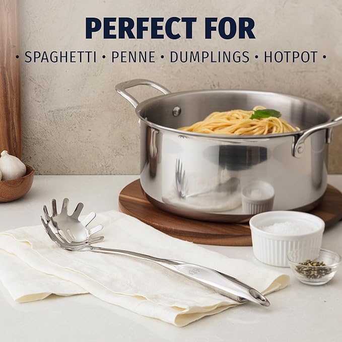 Zulay Kitchen Stainless Steel Spaghetti Server - 12” Pasta Fork with Teeth & Draining Holes - Rust-Resistant Pasta Spoon for Noodles & Pasta - Dishwasher Safe Utensil for Everyday Use