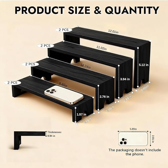 Wooden Display Stand Wood Tiered Racks, 2 Set 8 Piece Wood Display Shelf for Cupcake,Jewelry,Card, Vendor Events, Table Shelves Wooden Riser Organizer Dessert Showcase-Black