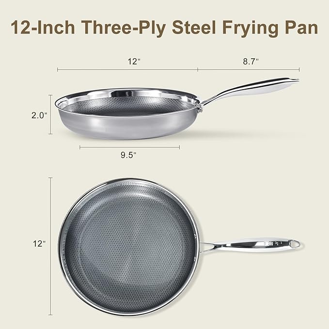 GiPP Tri-Ply Stainless Steel Frying Pan, 12 inch Hybrid Frying Pans Nonstick Skillets, Dishwasher and Oven-Safe, Induction Ready, Compatible with All Cook tops, PFOS/PFOA Free