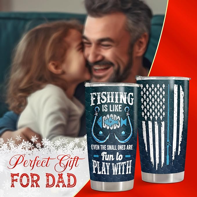 34HD Bass Fishing Tumbler with Lid, 20 oz Stainless Steel Vacuum Insulated Amerian Flag Mug, Cool Fishing Gifts for Men, Fisherman Gifts for Birthday Fathers Day Christmas