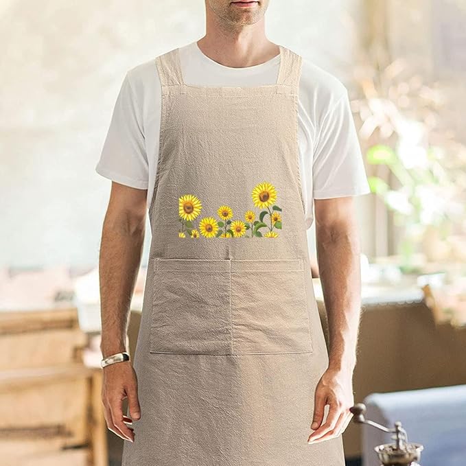 Cotton Linen Apron Non-tie Cross Back Kitchen Apron with Pockets Soft Comfortable Durable for Cooking Baking Gardening (Khaki,Sunflower)