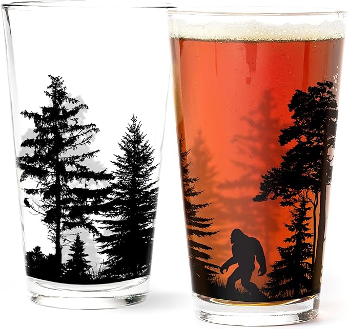 Pint Glasses by Black Lantern – Beer Glasses for Craft Beer Enthusiasts - Set of Two 16oz. Glasses - Bigfoot in the Forest Cocktail and Drinking Glasses - Bigfoot Lover Gifts
