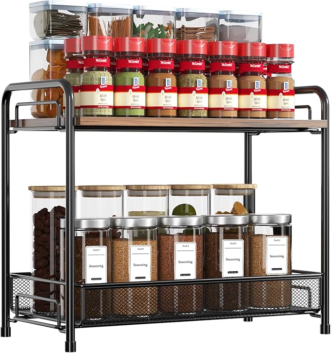Spice Rack Organizer for Countertop with Wood Top, 2-Tier Foldable Metal Rust-Proof Standing Large Seasoning Storage Shelf with Guardrail & Mesh Design for Kitchen Cabinet Living Room, Black