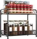Spice Rack Organizer for Countertop with Wood Top, 2-Tier Foldable Metal Rust-Proof Standing Large Seasoning Storage Shelf with Guardrail & Mesh Design for Kitchen Cabinet Living Room, Black