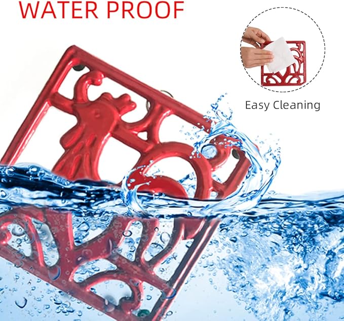Vintage Square Cast Iron Trivet - Metal Trivet for Hot Dishes, Heat Resistant Trivet Mat for Kitchen Countertop Hot Pots and Pans, Red