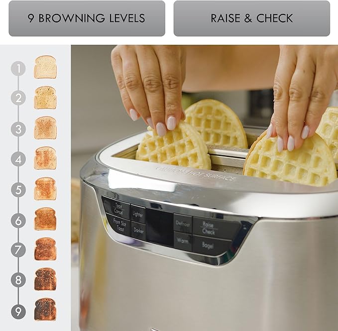 Kenmore Toaster 4 Slice - Extra Wide Slot Countertop Kitchen Appliance, Defrost Function, Grille-Pain, 9 Shade Settings, Easy Clean Crumb Tray, Bread Bagel, Stainless Steel & White (Silver)