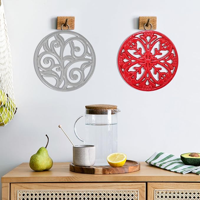 JOGREFUL Cast Iron Trivet Mats, Kitchen Pot Holders to Portect Table/Countertops, Heat Resistant Mats for Teapot/Hot Dishers/Plates, Vintage Mats with Weighted-Base, Vine Pattern, Gray