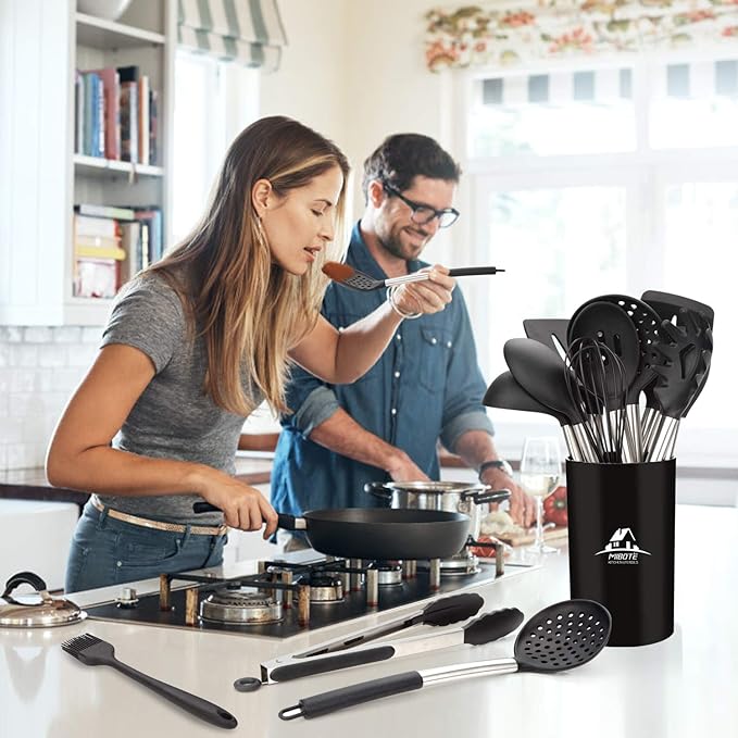 MIBOTE Silicone Kitchen Utensils Set, Cooking Utensils Set with Heat Resistant BPA-Free Silicone and Stainless Steel Handle Kitchen Tools Set (Black)