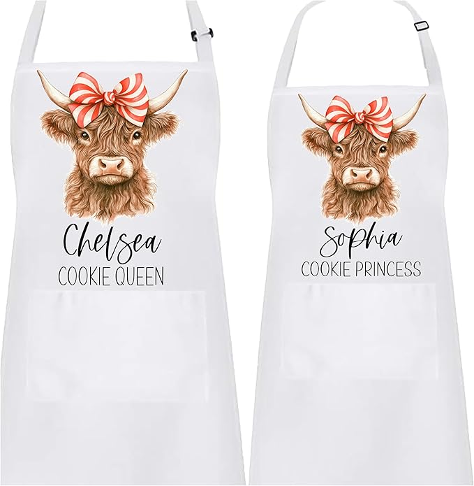 Mommy and Me Highland Cow with Peppermint Swirl Bow Apron Set – Matching Christmas Baking Aprons, Cow Kitchen Gift