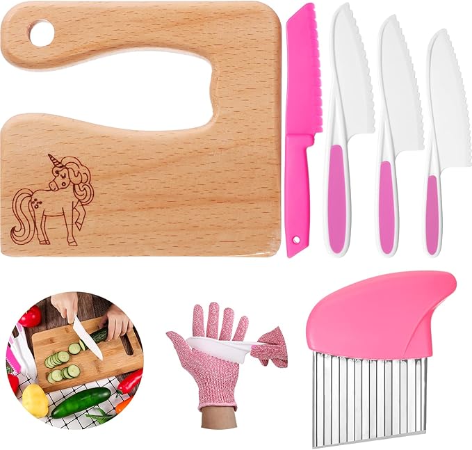 7 Pieces Wooden Kids Kitchen Knife Include Wood Kids Knife Plastic Potato Slicers Cooking Knives Serrated Edges Toddler Plastic Resistant Gloves for Kitchen Children