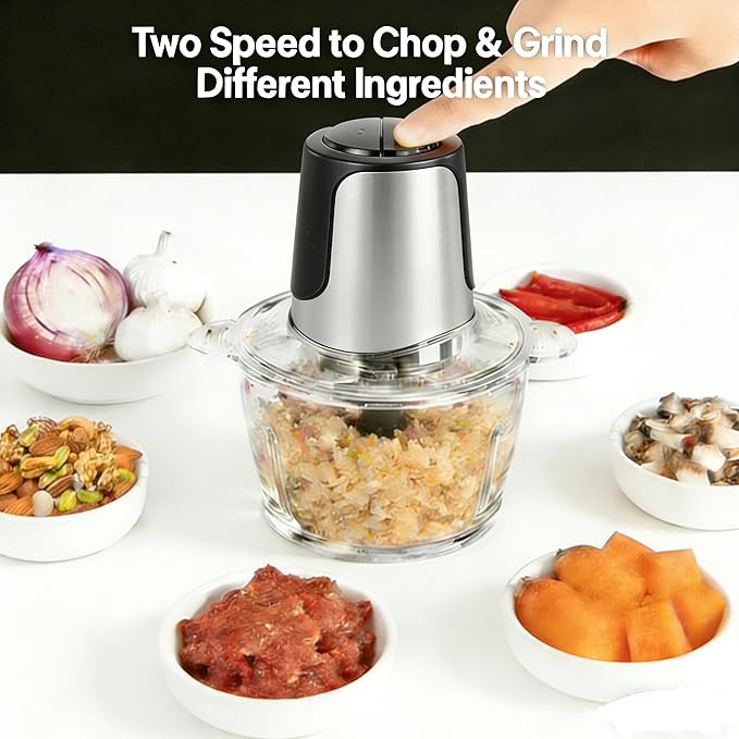 Simple Deluxe Electric Meat Grinders, 450W Mini Food Processor & Food Chopper with 2 Bowls (8 Cup+8 Cup) and 2 Bi-Level Blades for Fruits, Meat, Nuts, Baby Food, Silver