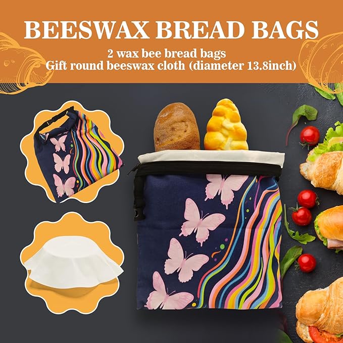 Beeswax Bread Bags for Sourdough 2 Pack 13"x17" Eco-Friendly Reusable Linen Cotton Storage Bags with Zipper Closure for Homemade Bread Fresh-Keeping, Freezer-Safe (Colorful butterfly)