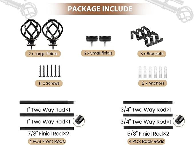 KAMANINA 1 Inch Double Curtain Rods 66 to 120 Inches (5.5-10 Feet) Telescoping Heavy Duty Drapery Rod for Windows 54 to 115 with Twisted Cage Finials, Black
