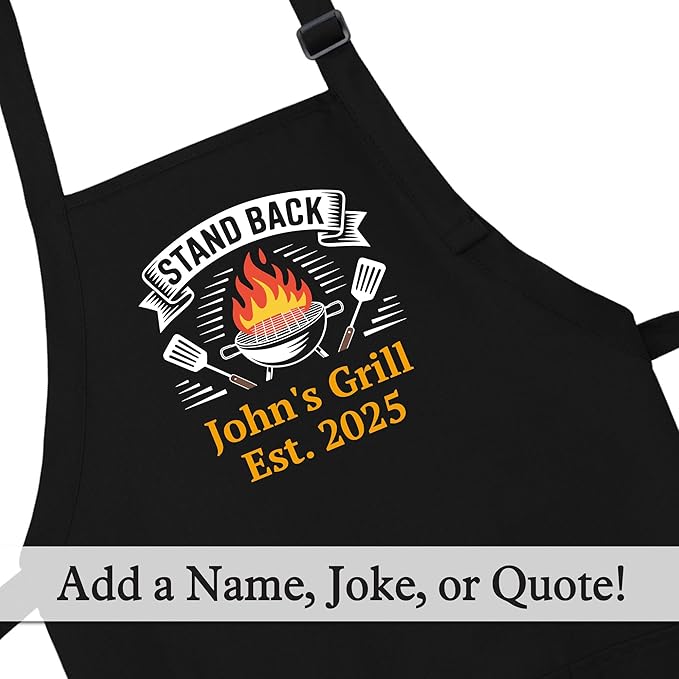 Personalized Medium Length Cooking & Grill Apron – Stand Back Design with Custom Text (1-2 Lines)