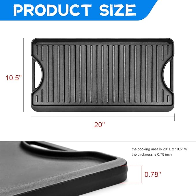 GGC Cast Iron Reversible Griddle, 2-in-1 Griddle Pan for Gas Stove Tops, Gas Grills and Camping, 20 x 10.5 Flat and Ribbed Griddle Plate for Indoor and Outdoor Cooking