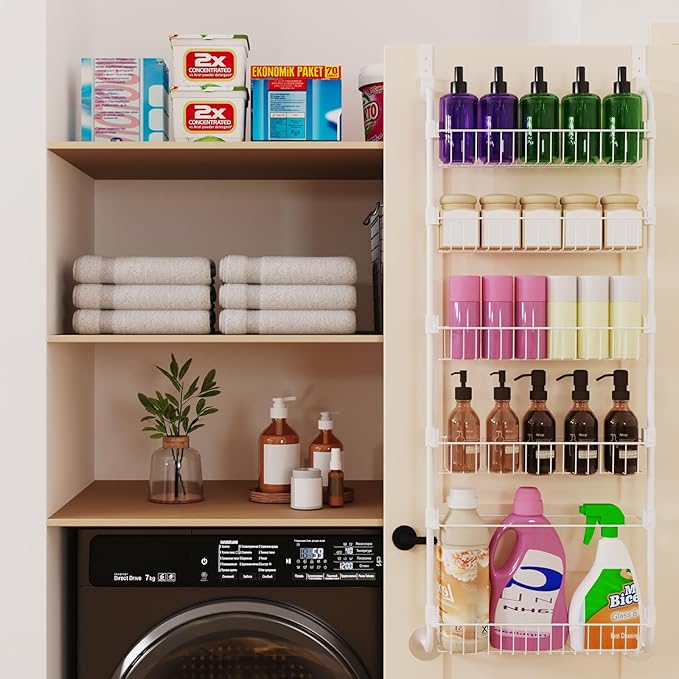 White Over the Door Pantry Organizer 5 Tier, Adjustable Basket Pantry Door Organizer and Storage, Heavy Duty Metal Kitchen Hanging Spice Rack (D5xW19xH50 Inches)