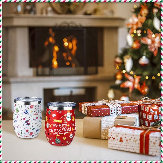 12oz Christmas Wine Tumbler with Lid and Straw,Stainless Steel Insulated Stemless Wine Tumbler Double Wall Vacuum Wine Cups Tumbler Christmas Gifts for Women Men(Xmas Elements,2)