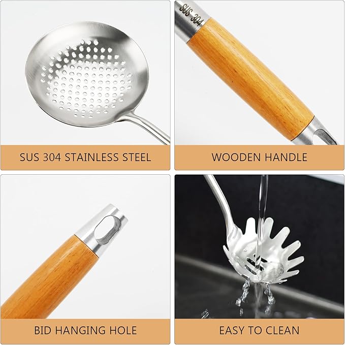 6 Packs 304 Stainless Steel Kitchen Cooking Utensils, 15 inch Cooking Utensils Tools, Turner, Ladle, Spoons & Pasta Server, Wooden Handle