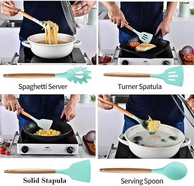12PCS Kitchen Utensil Set Silicone Cooking Utensils Kit Spatula Heat Resistant Wooden Spoons Gadgets Tool for Non-Stick Cookware