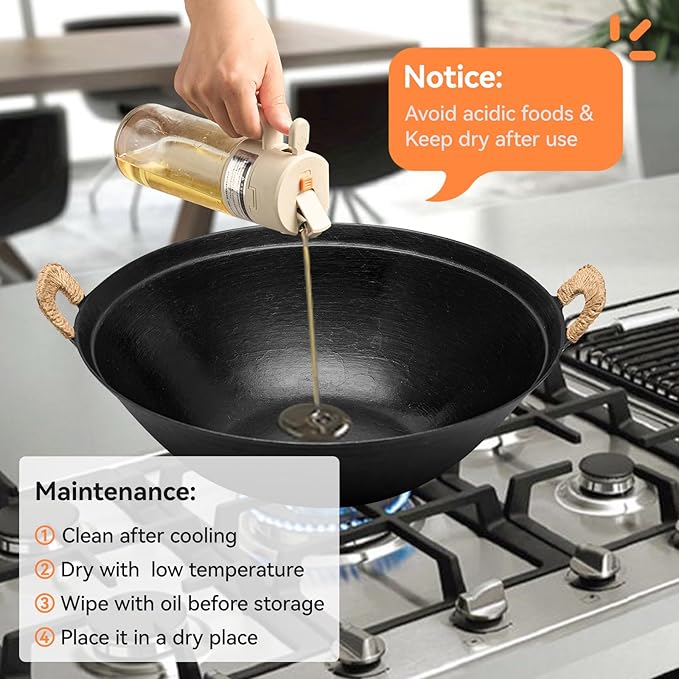 WANGYUANJI 14.2 Inch Cast Iron Wok with Wooden Lid and Stainless Steel Spatula, Flat Bottom Double-Handle Chinese Stir Fry Pan, Uncoated Cast Iron Wok for Induction, Gas and Electric Stoves