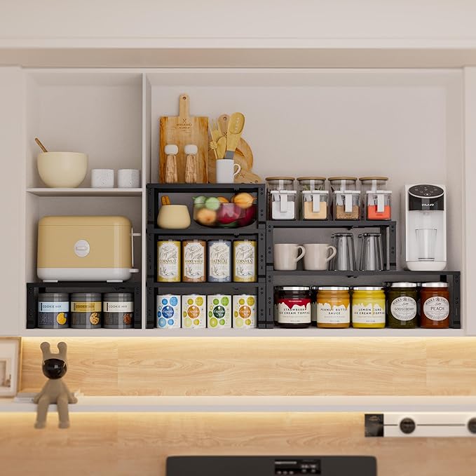 Expandable Spice Rack,Stackable Storage for Cabinet, Multi-Functional Kitchen Shelving,Height-Adjustable,Sustainable Organizer Solution(3Packs/Black/Medium)