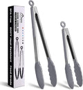 HOTEC Premium Stainless Steel Locking Kitchen Tongs with Silicon Tips, Set of 2-9" and 12" Light Grey