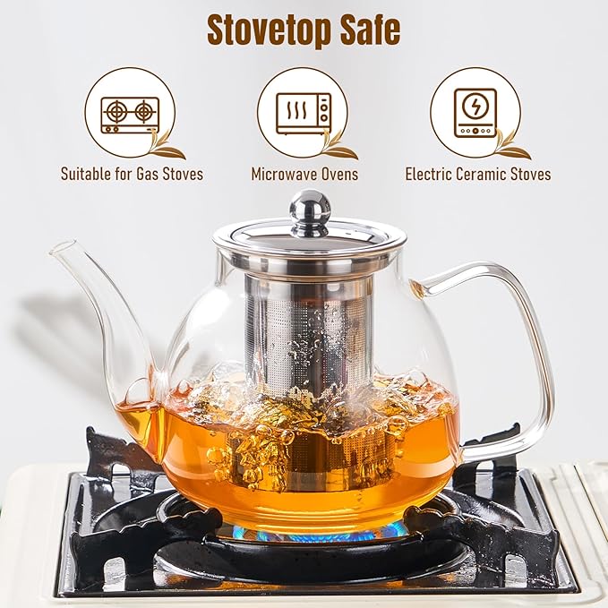 PARACITY Glass Teapot Stovetop 34 OZ, Borosilicate Clear Tea Kettle with Removable 18/8 Stainless Steel Infuser, Teapot Blooming and Loose Leaf Tea Maker Tea Brewer for Camping, Travel