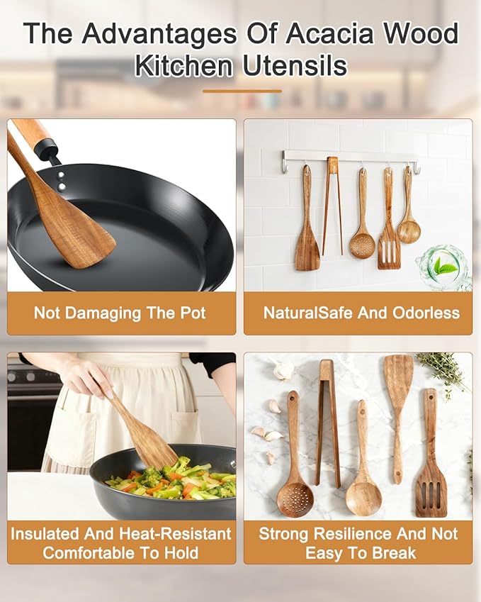 Handcrafted Acacia Wood Kitchen Utensil Set, 5-Piece Natural Brown Cooking Spoons and Slotted Spatulas, Premium Wooden Serving Tools for Kitchen (5Turner)