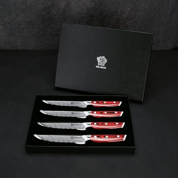 WILDMOK 5 Inch Damascus Steak Knives Set, 4pcs Sharp Professional Steak Kitchen Knives, Japanese Super VG10 Steel Multifunction Kitchen Knife with Full Tang G10 Handle