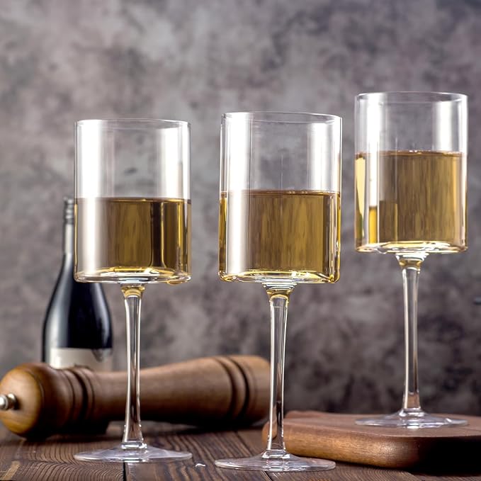 Wine Glasses Set of 4 - Hand Blown wine glass 15oz in Gift Packaging - Large White Wine Glass on Long Stem - Unique Modern Shape - For Wedding, Anniversary, Mother’s Day