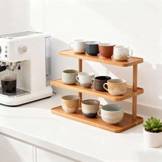 3-Tier Bamboo Mug Holder Countertop Coffee Station Organizer Spice Rack Shelf Mug Rack for Kitchen Cabinets