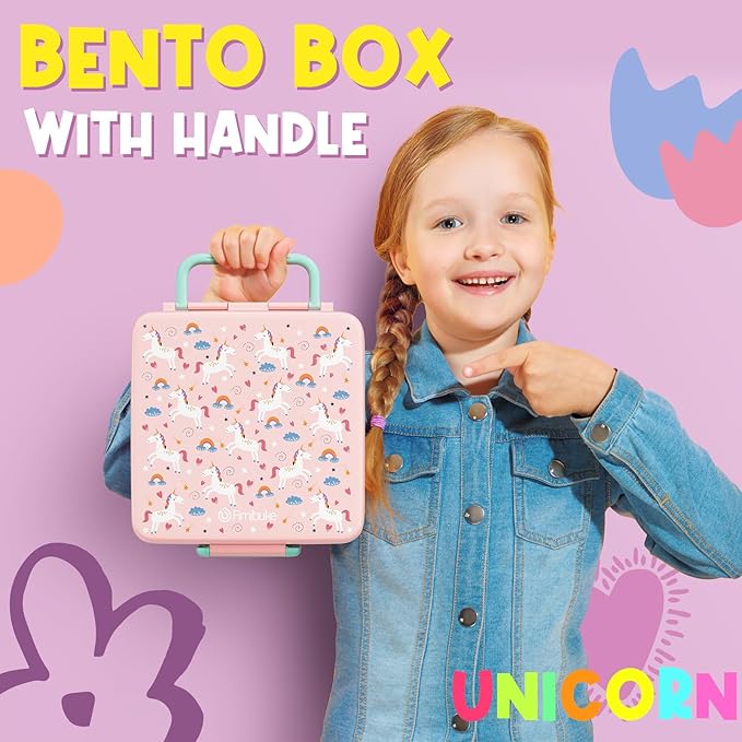 Fimibuke Bento Lunch Box for Kids, Leak Proof Toddler Bento Box with 4 Compartments BPA Free Dishwasher Safe Lunch Container with Utensils, Ideal Portion Sizes for Ages 3-12 Girls Boys for School
