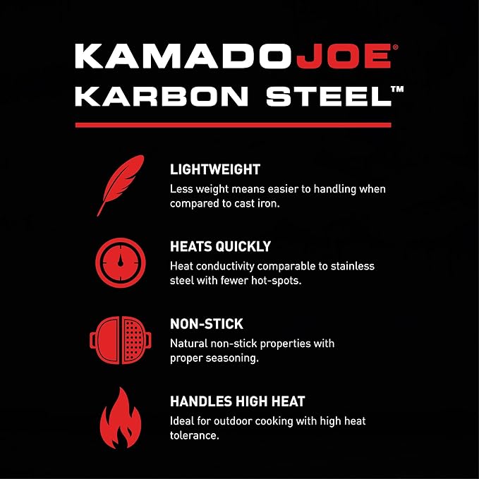 Kamado Joe Karbon Steel Pre-Seasoned Carbon Steel Non-Stick Half-Moon Pans with One Solid Pan and One Perforated Pan for Classic Joe and Big Joe Kamado Grills, Model KJ15124822