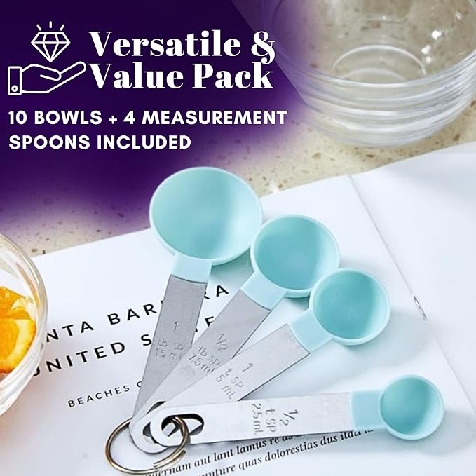14pc Set of Small Glass Bowls, Microwave Safe, 4-ounce, Durable Prep Bowls Stackable - Glass Ramekins (Set Includes: 4 Measurement Spoons)