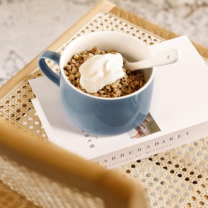 Soup Bowls with Handles & Spoons, 30oz Ceramic Ramen Bowl with Lid, Large Soup Mugs/Cups for Instant Noodle, Big Cereal Bowls for Oatmeal, Soup Containers with Lids, Set of 2, Sky Blue
