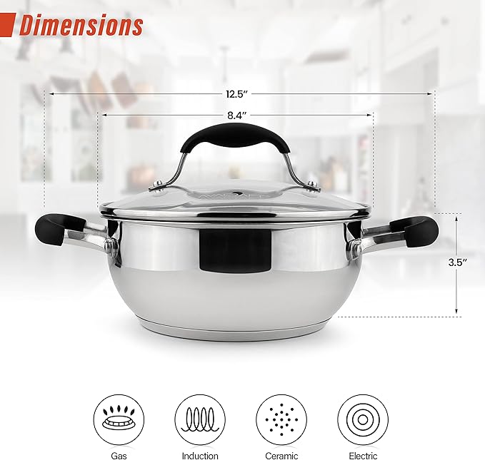 AVACRAFT 18/10 Stainless Steel Everyday Pan, Stir Fry Pan with Five-Ply Base, Chef’s Pan with Glass Lid, Multipurpose Stewpot Skillet, Saute Pan, Casserole in Pots and Pans (8 inch)