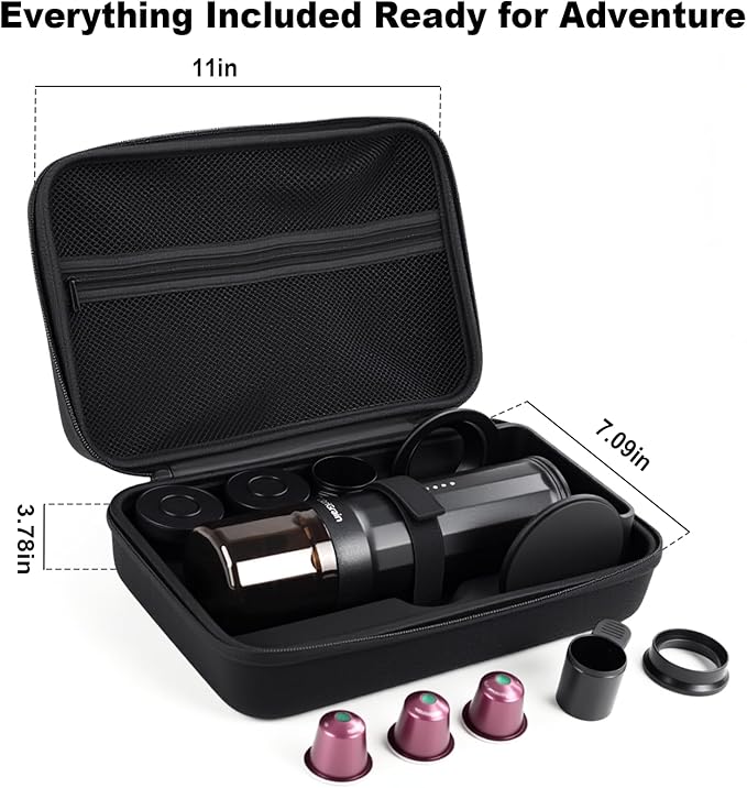 Self-Heating Portable Espresso Maker for Camping, 20Bar Travel Coffee Machine, Fast USB-C for Car/Office, with Stand & Case, Works with Ground Coffee & NS Capsules, for Hiking, RV, Gift