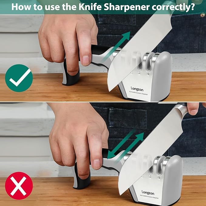Longzon 4-in-1 Knife Sharpener [4 Stage] with a Pair of Cut-Resistant Glove, Original Premium Polish Blades, Best Kitchen Knife Sharpener Really Works for Fruit Knife and Steel Knives, Scissors