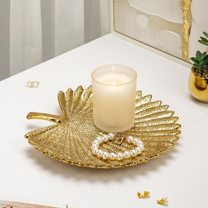 Gold Leaf Decorative Serving Tray for Table Centerpiece 10"+12" Ceramic Leaf-Shaped Trinket Dish, Candle Tray, Vanity Organizer, Coffee Table Decor, Modern Glam Home Decor, Gifts for Women