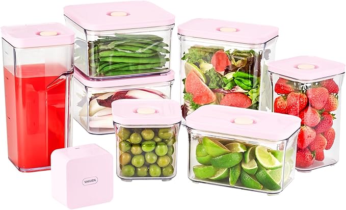 VAKUEN Premium Airtight Food Storage Containers ROSE 8P/SET, 6pcs Container, 1pcs Water Pitcher and Vacuum Sealer. Patented Double Silicone Lining, 100% Leak Proof, BPA-FREE